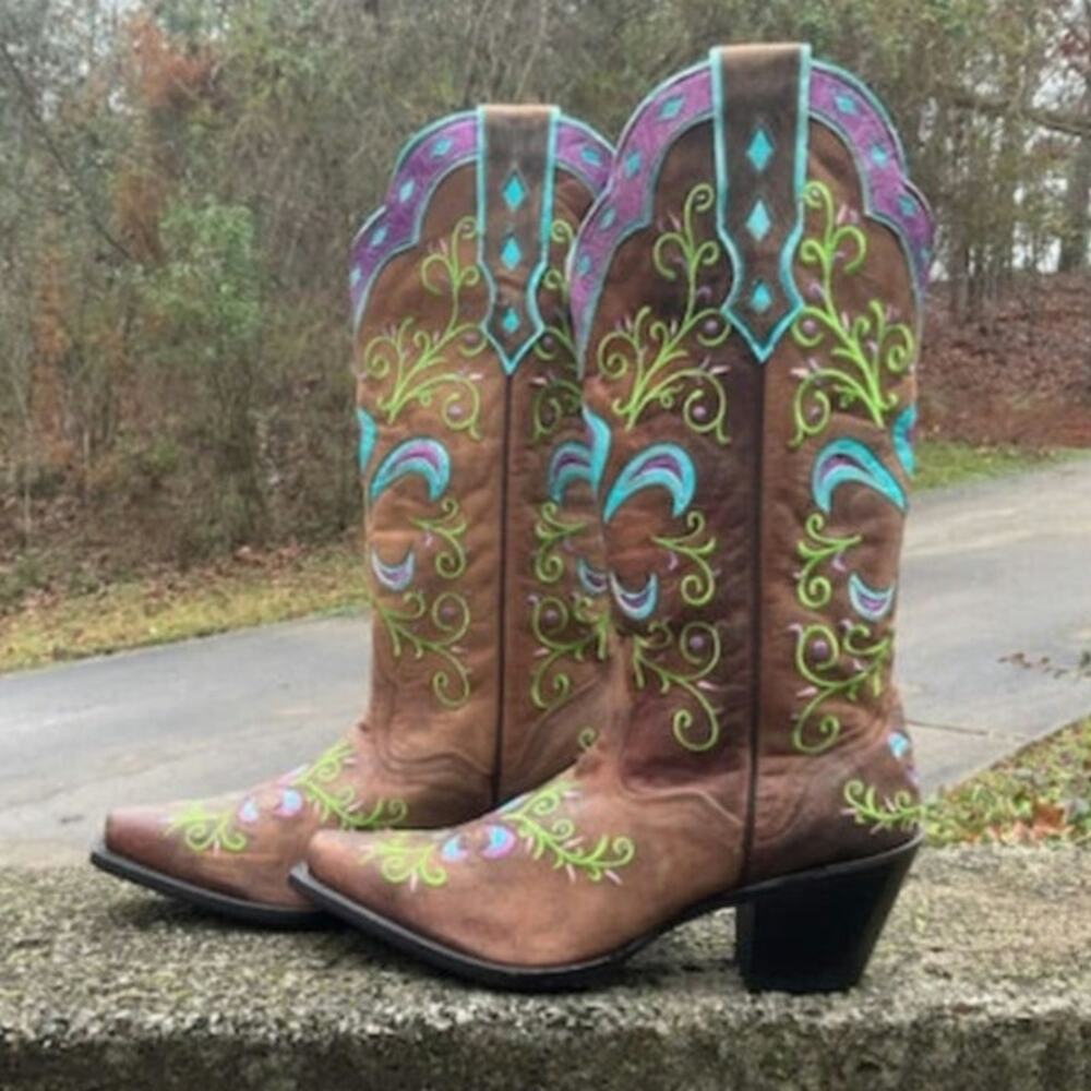 Sterling River Cowboy Boot Women 8.5 Brown Leather Blue/Purple/Green Embroidered